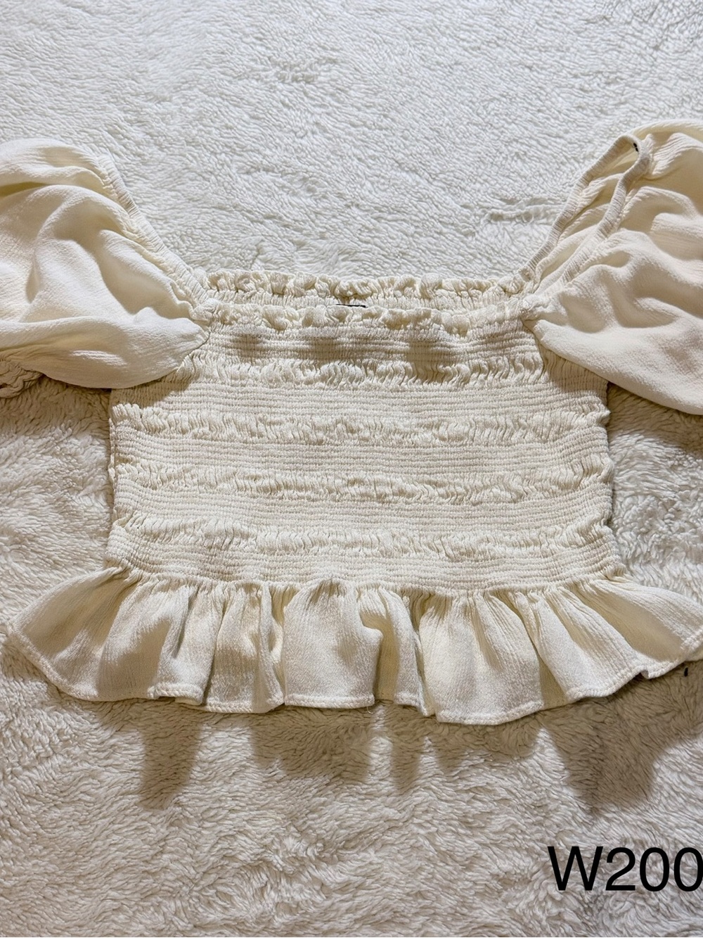 Forever 21 Cream Smocked Puff Sleeve Crop Top